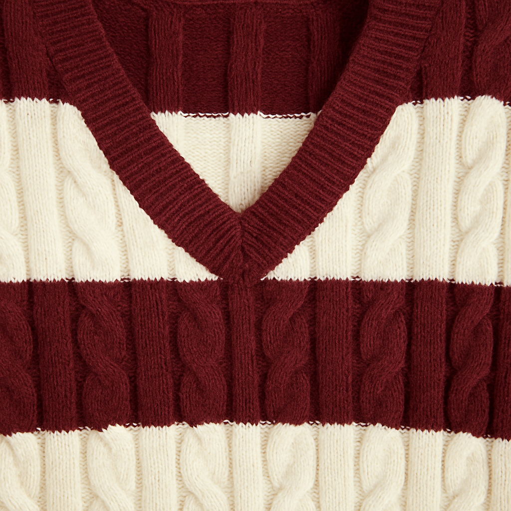 Suéter corto de punto a rayas burdeos y crema con textura trenzada y escote en V