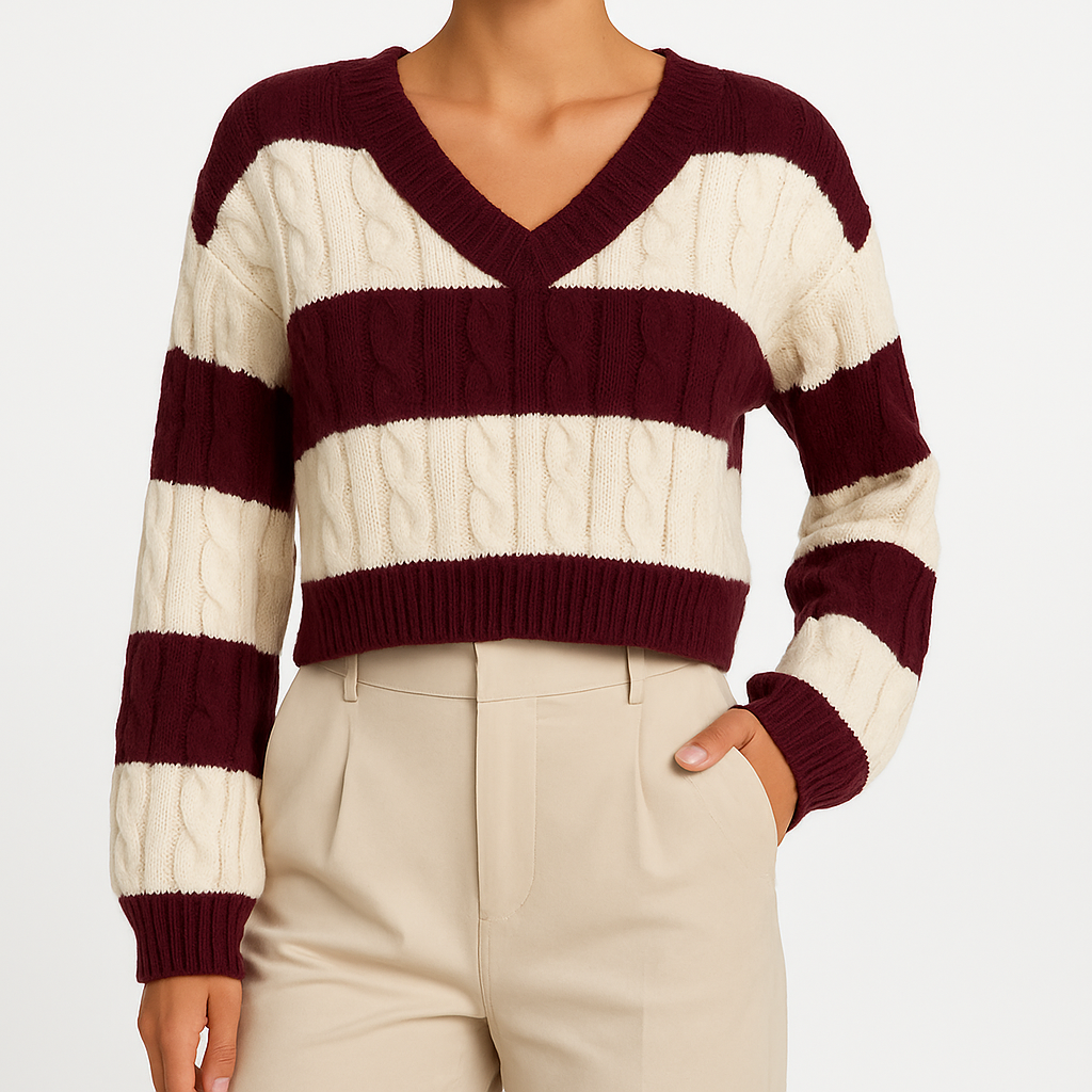 Suéter corto de punto a rayas burdeos y crema con textura trenzada y escote en V