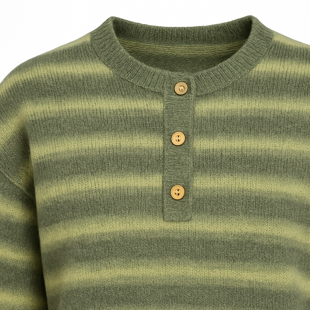 Suéter de punto a rayas en tonos verdes y grises con cuello redondo y detalle de botones