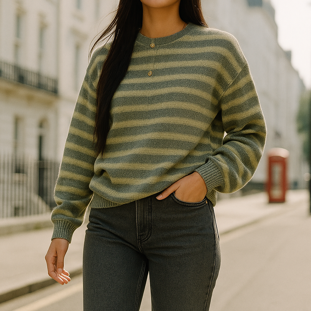 Suéter de punto a rayas en tonos verdes y grises con cuello redondo y detalle de botones