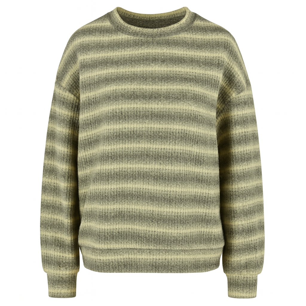 Suéter de punto a rayas en tonos verdes y grises con cuello redondo y detalle de botones