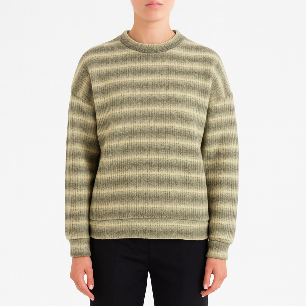 Suéter de punto a rayas en tonos verdes y grises con cuello redondo y detalle de botones