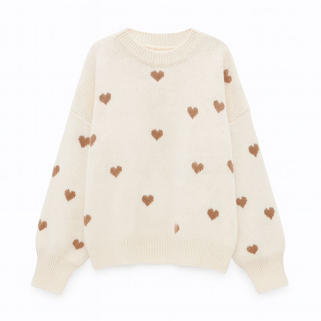 Suéter de punto color crema con estampado de corazones marrones y cuello redondo acanalado