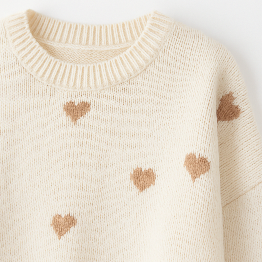 Suéter de punto color crema con estampado de corazones marrones y cuello redondo acanalado