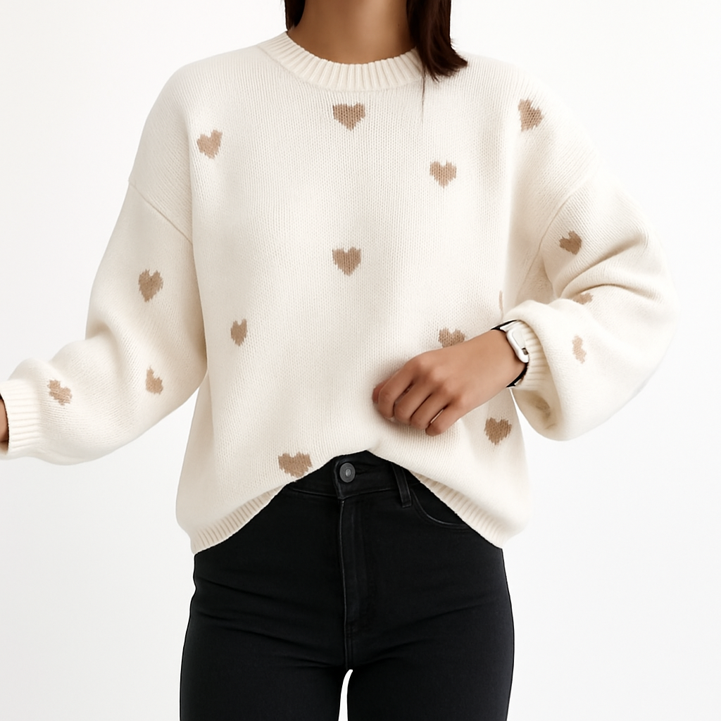 Suéter de punto color crema con estampado de corazones marrones y cuello redondo acanalado