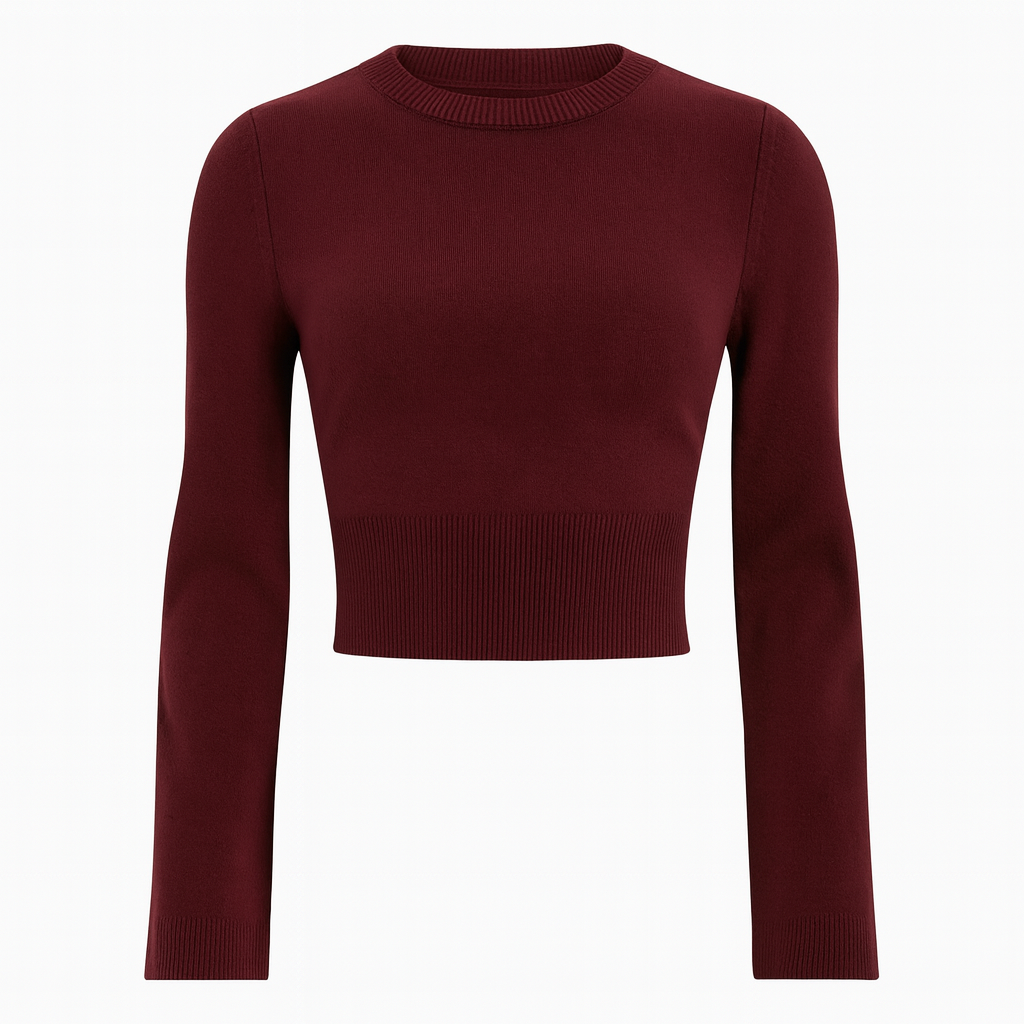 Suéter de punto corto color burdeos con bajo acanalado, cuello redondo y mangas largas