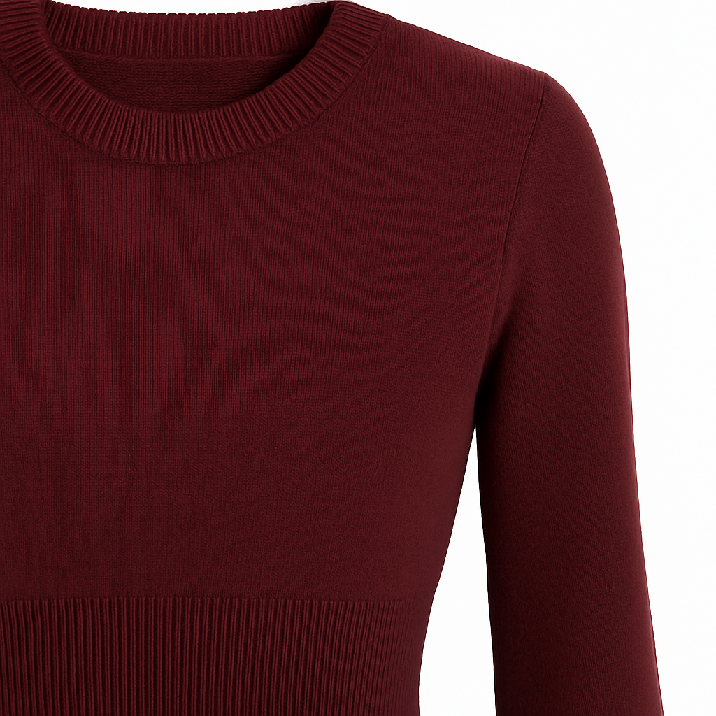 Suéter de punto corto color burdeos con bajo acanalado, cuello redondo y mangas largas