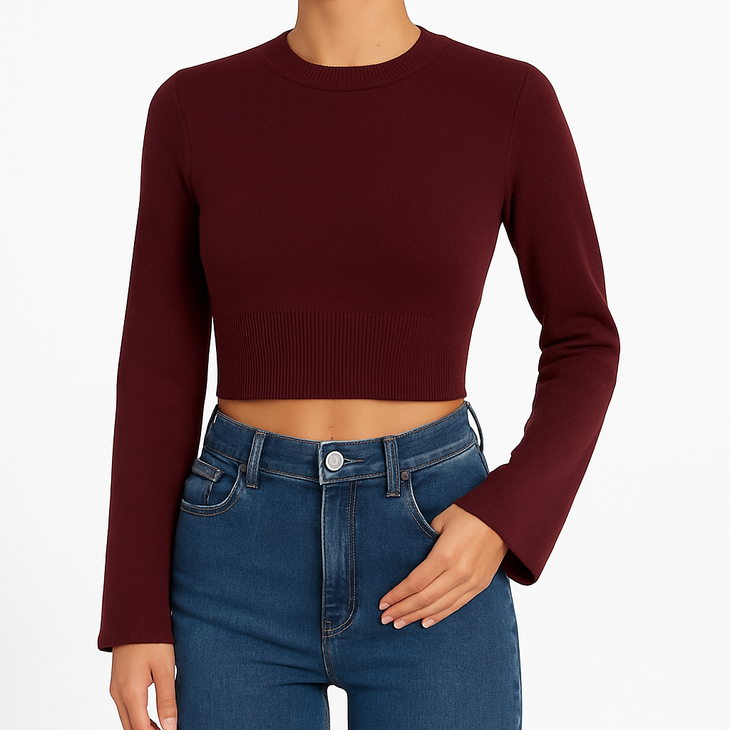 Suéter de punto corto color burdeos con bajo acanalado, cuello redondo y mangas largas