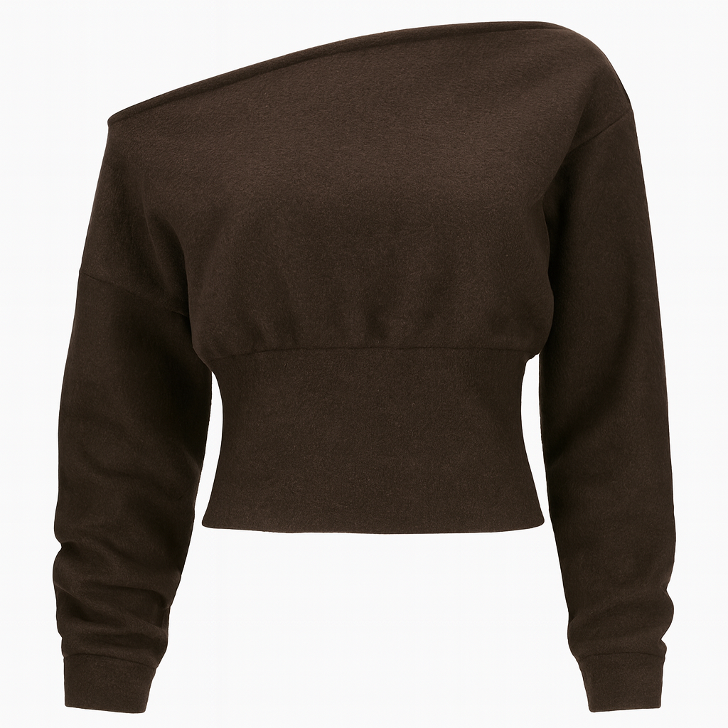 Top de punto entallado en marrón oscuro con escote descubierto y mangas largas