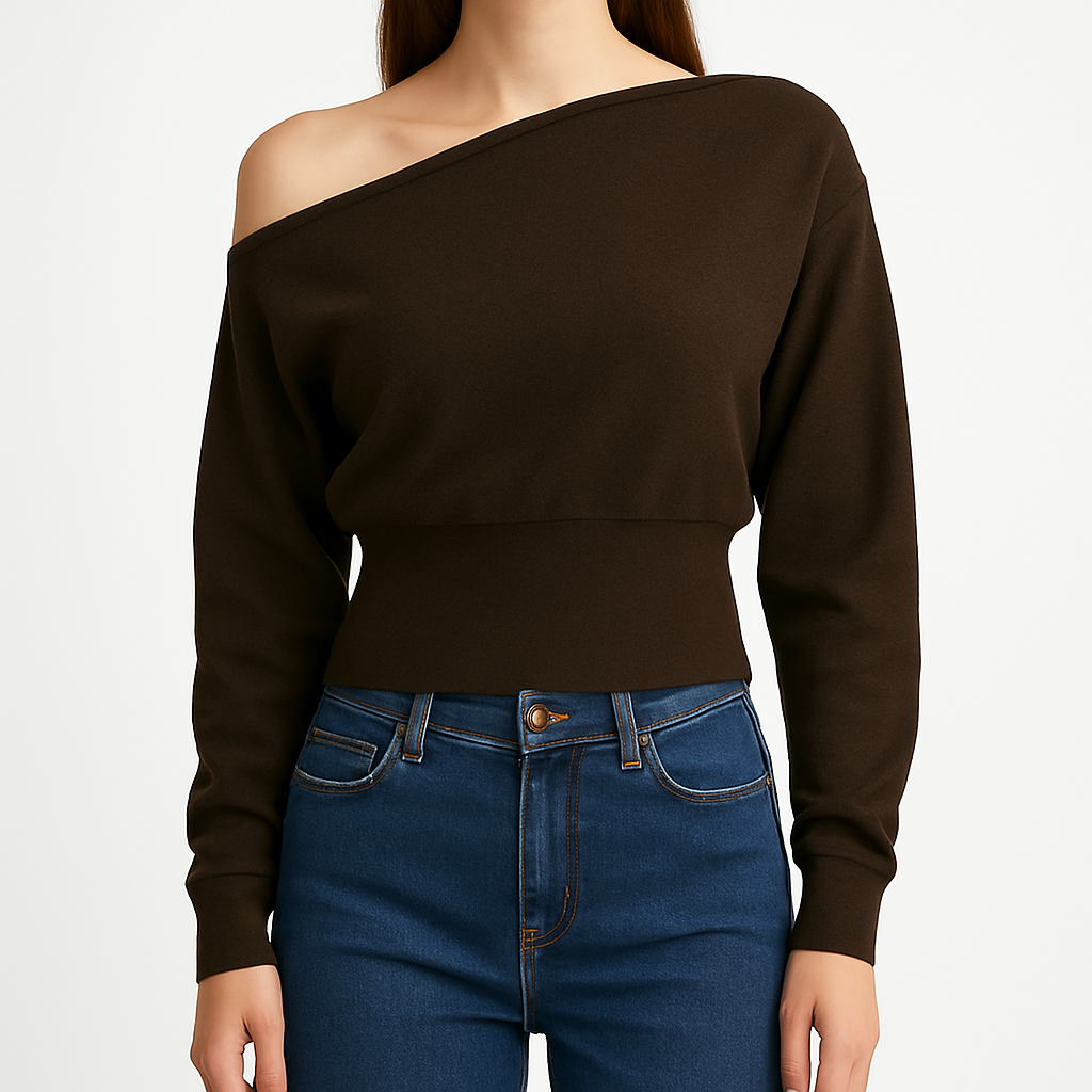 Top de punto entallado en marrón oscuro con escote descubierto y mangas largas