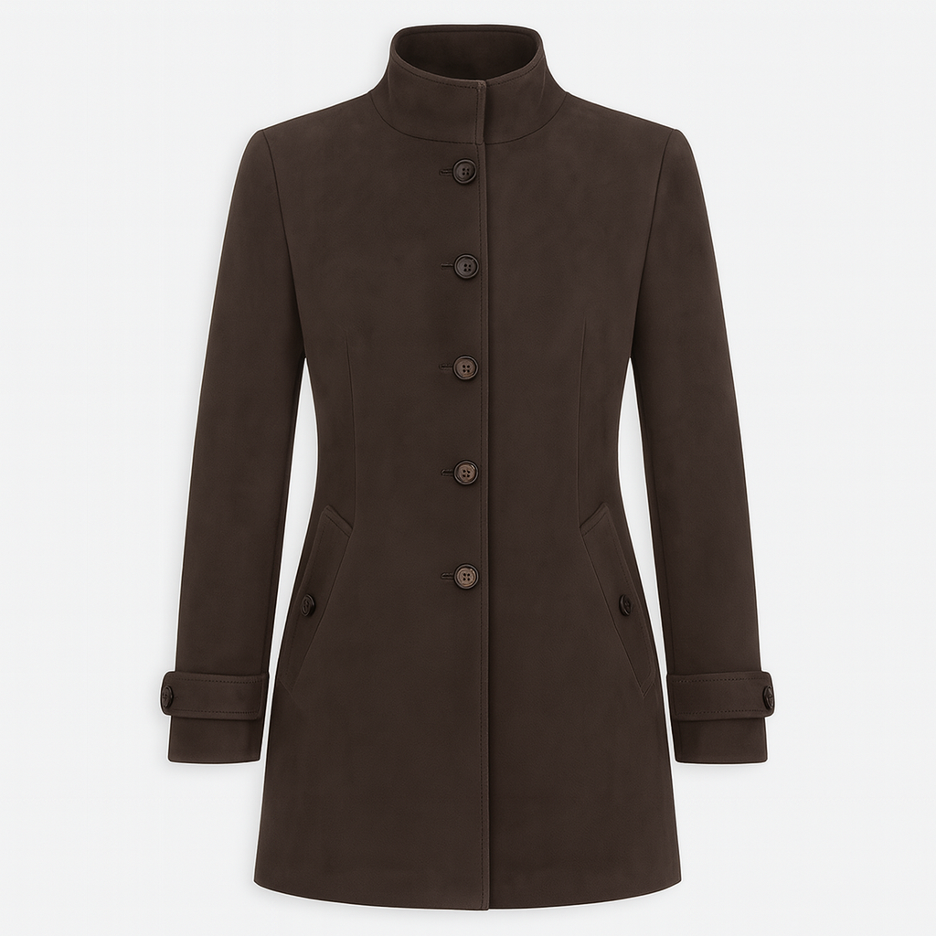 Abrigo tipo trench largo con cierre de botones y cuello estructurado.