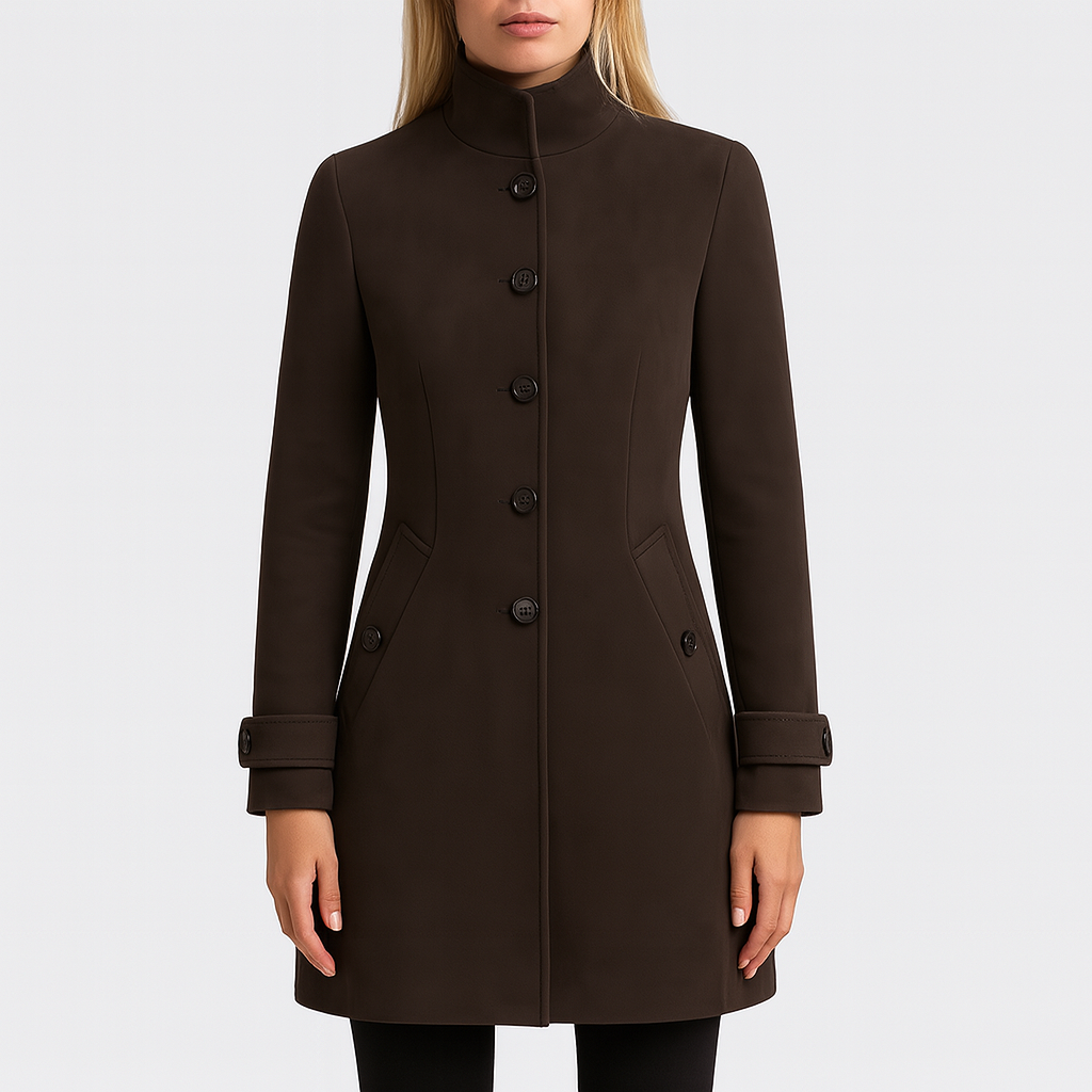 Abrigo tipo trench largo con cierre de botones y cuello estructurado.