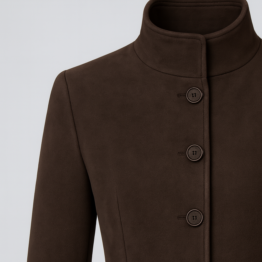 Abrigo tipo trench largo con cierre de botones y cuello estructurado.