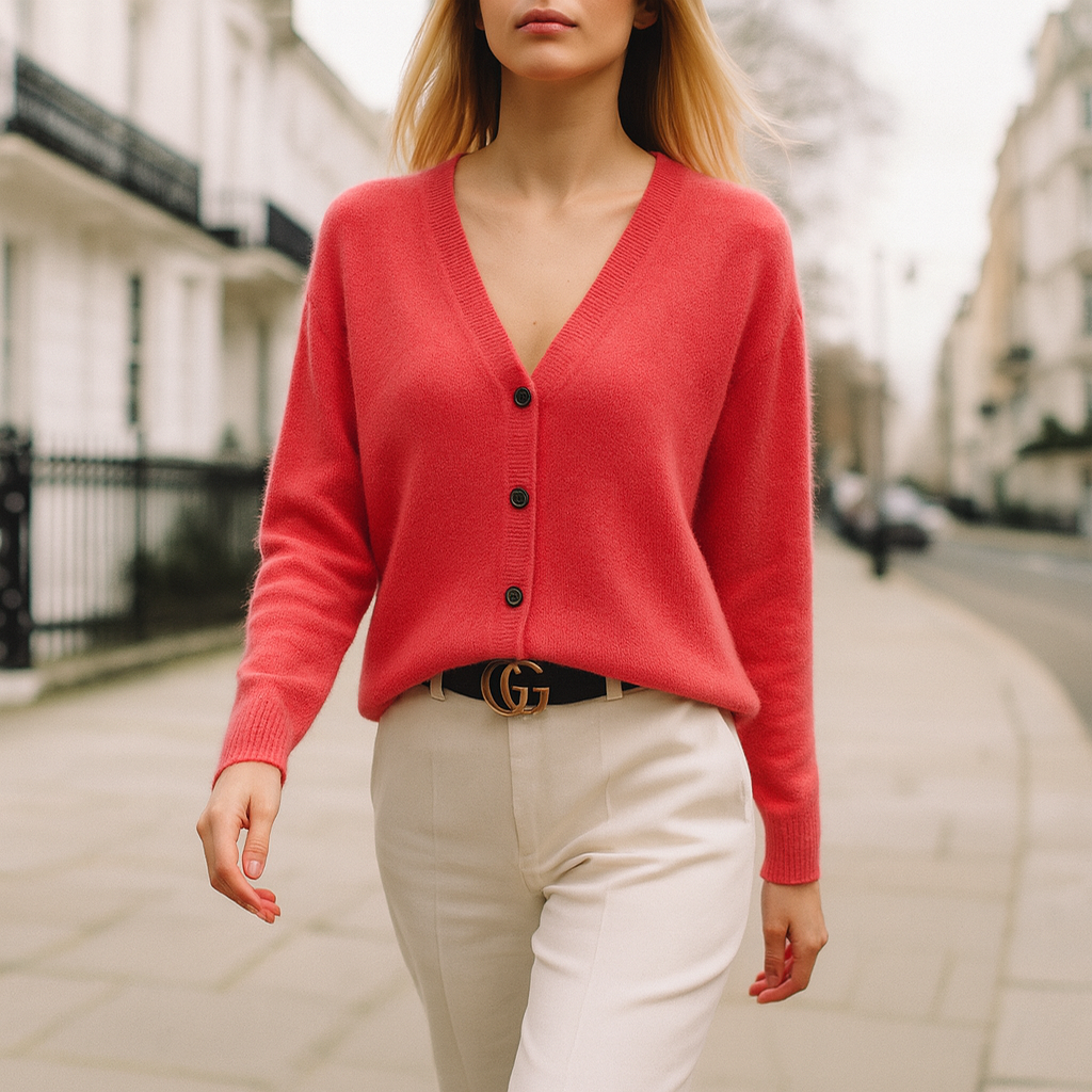 Cárdigan de punto con cuello en V, cierre de botones y mangas largas.