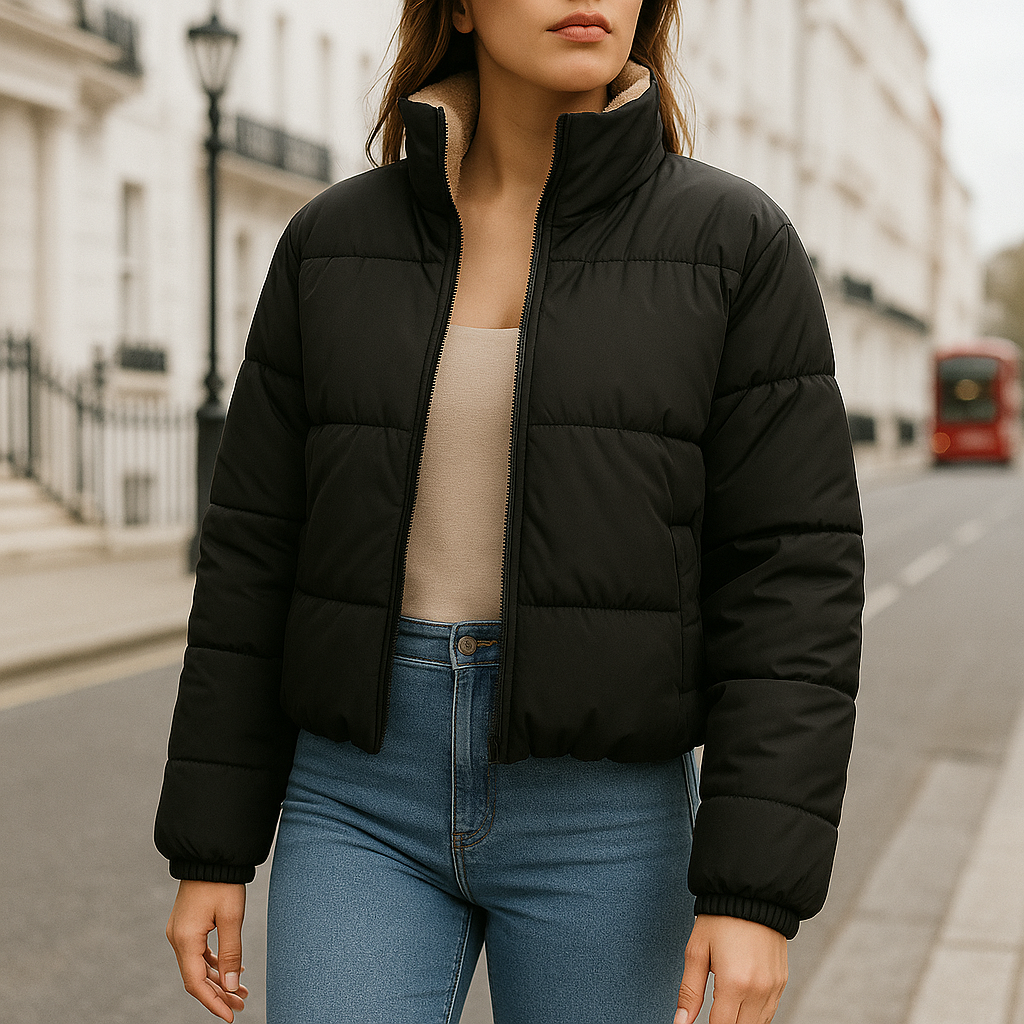 Chaqueta acolchada con cuello alto y forro interior suave, ideal para looks invernales casuales