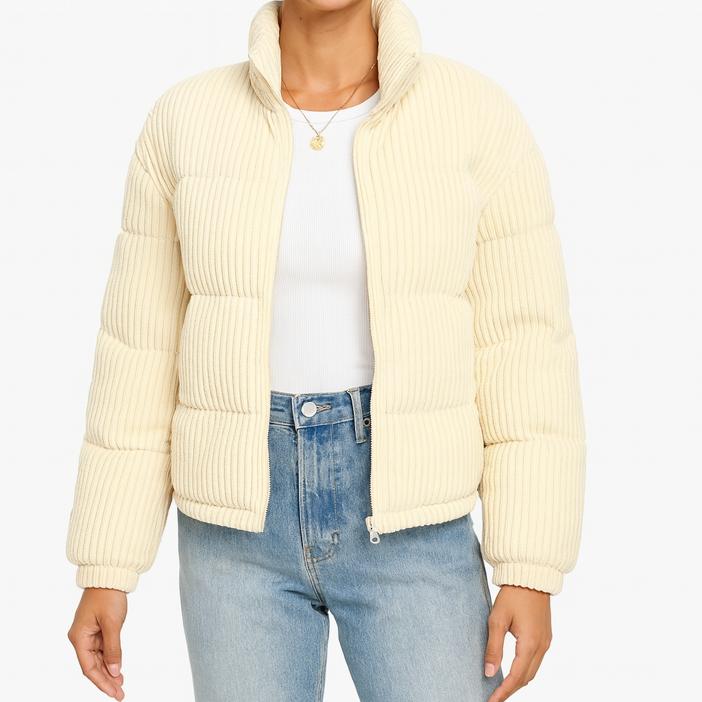 Chaqueta acolchada de pana con textura acanalada y cuello alto, ideal para un look cálido y casual