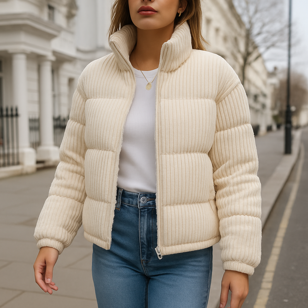 Chaqueta acolchada de pana con textura acanalada y cuello alto, ideal para un look cálido y casual