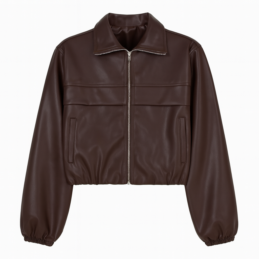 Chaqueta marrón de piel sintética con cremallera, cuello tipo camisa y bajo y puños elásticos