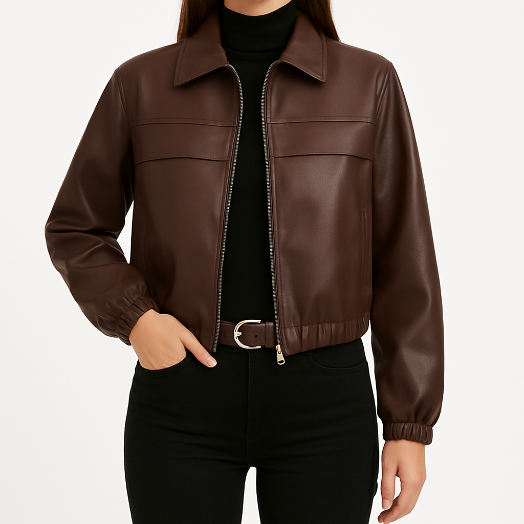 Chaqueta marrón de piel sintética con cremallera, cuello tipo camisa y bajo y puños elásticos