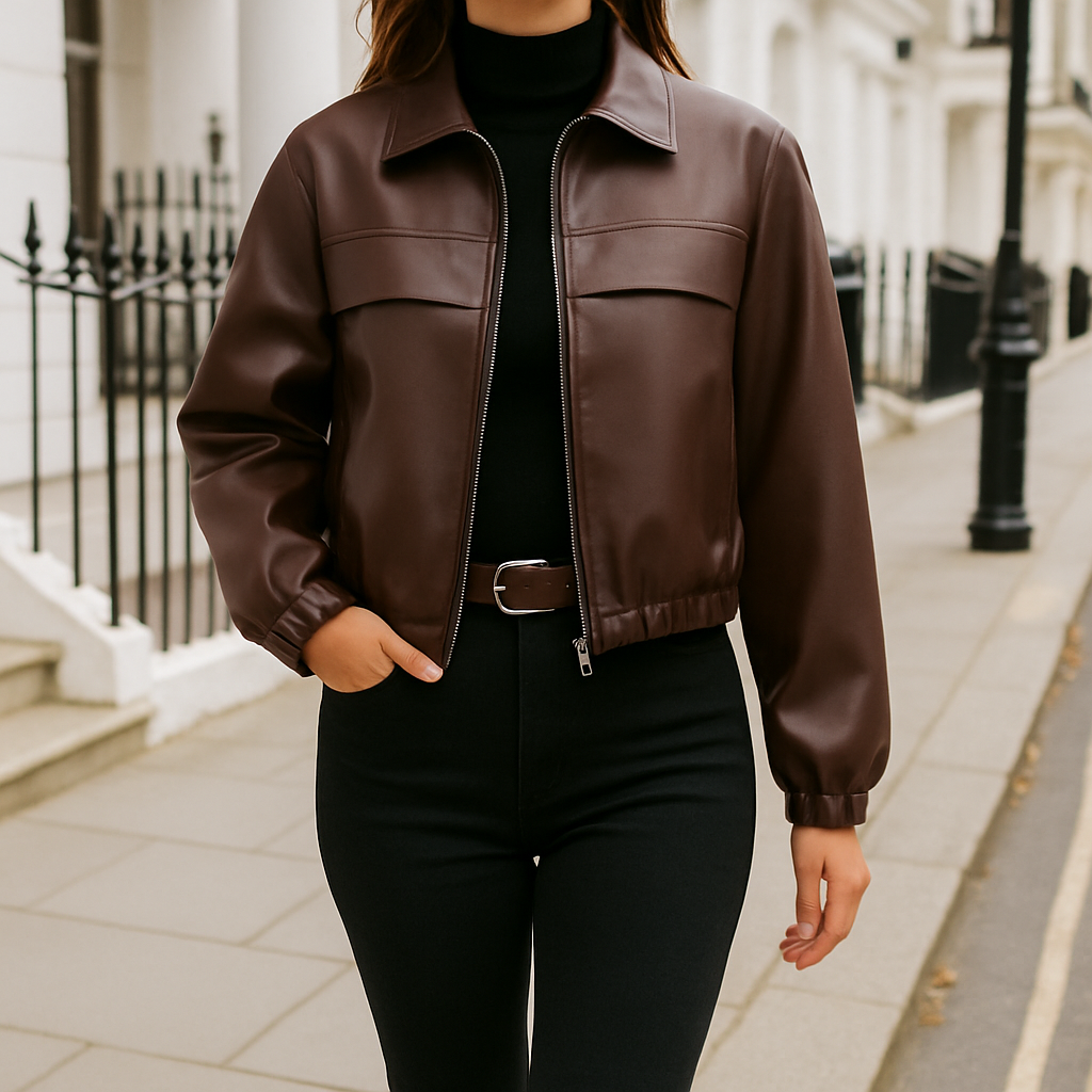 Chaqueta marrón de piel sintética con cremallera, cuello tipo camisa y bajo y puños elásticos