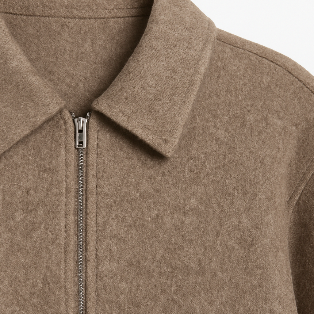 Chaqueta corta de mezcla de lana con cremallera, cuello tipo camisa y mangas largas