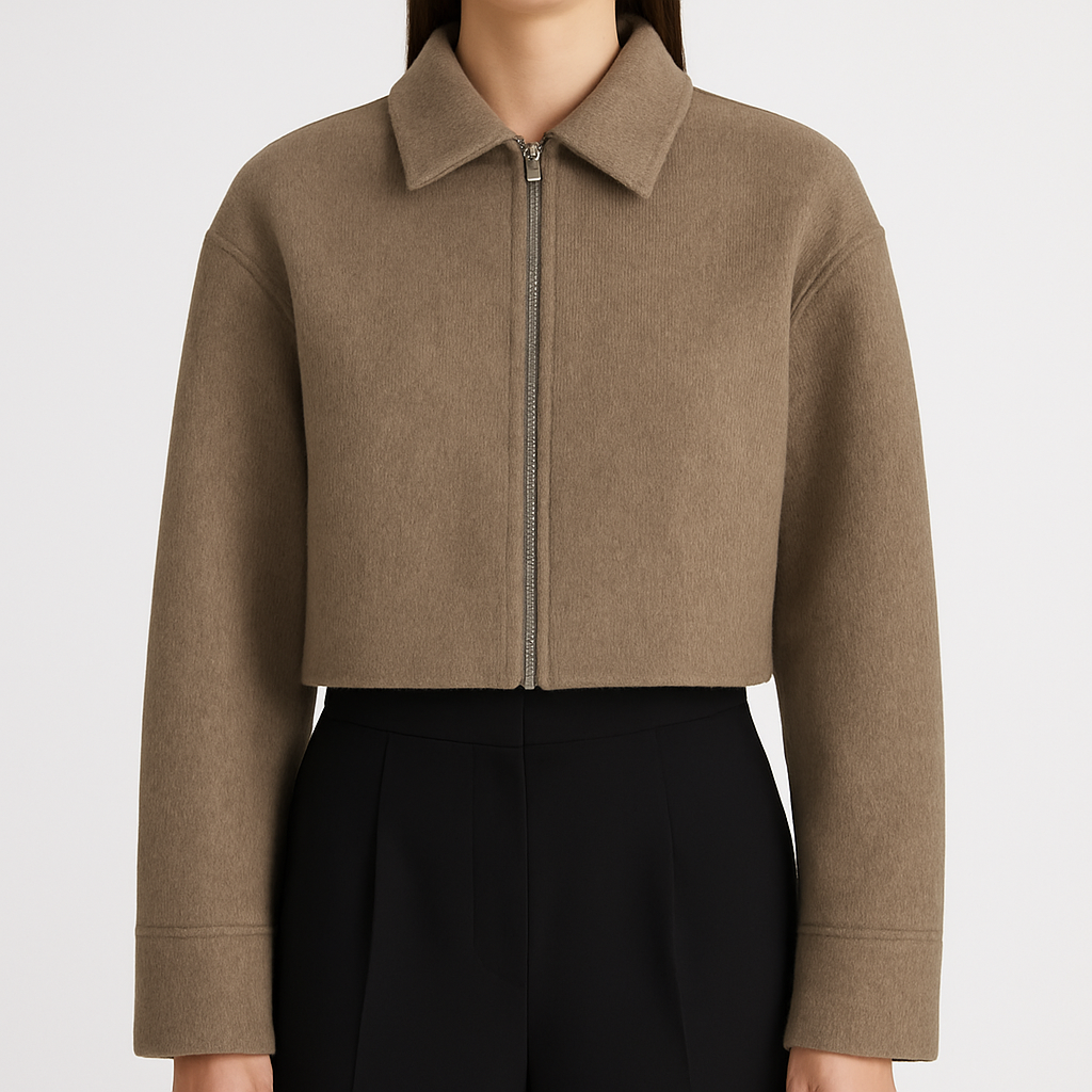 Chaqueta corta de mezcla de lana con cremallera, cuello tipo camisa y mangas largas