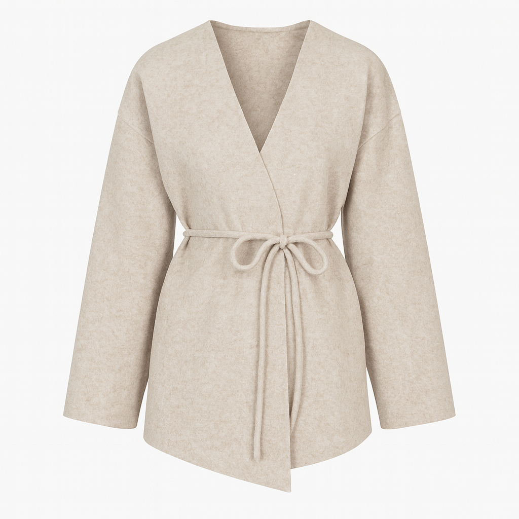 Chaqueta cruzada con cinturón, frente abierto y silueta relajada