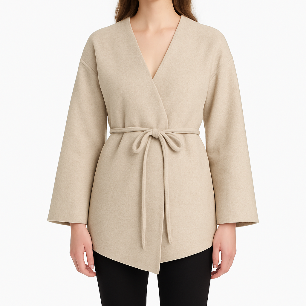 Chaqueta cruzada con cinturón, frente abierto y silueta relajada