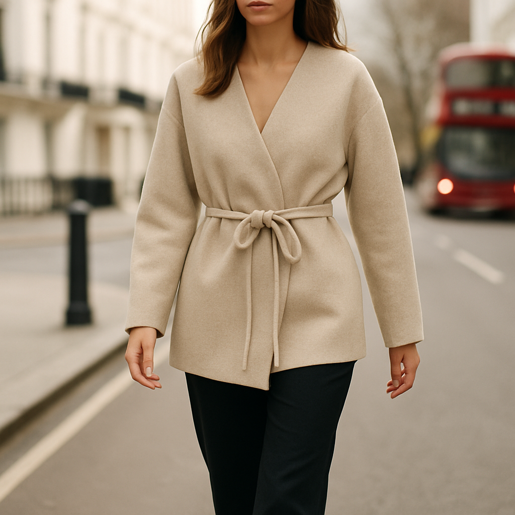 Chaqueta cruzada con cinturón, frente abierto y silueta relajada
