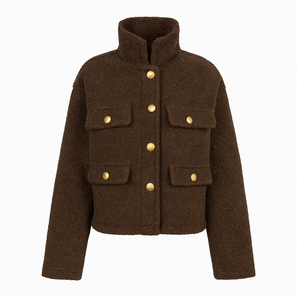 Chaqueta de punto buclé marrón con botones dorados y cuatro bolsillos delanteros con solapa