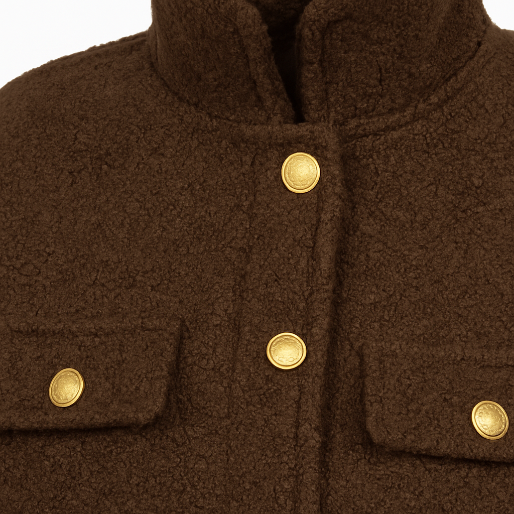 Chaqueta de punto buclé marrón con botones dorados y cuatro bolsillos delanteros con solapa
