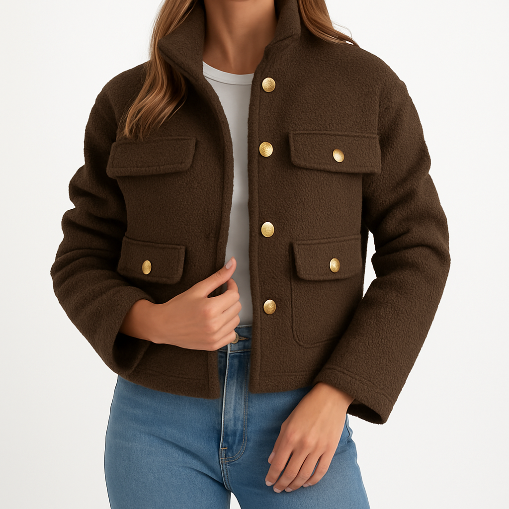 Chaqueta de punto buclé marrón con botones dorados y cuatro bolsillos delanteros con solapa