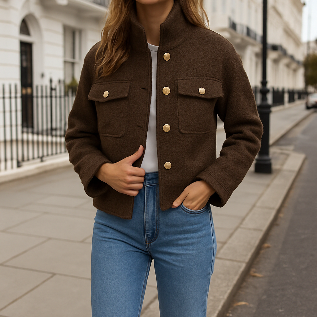 Chaqueta de punto buclé marrón con botones dorados y cuatro bolsillos delanteros con solapa