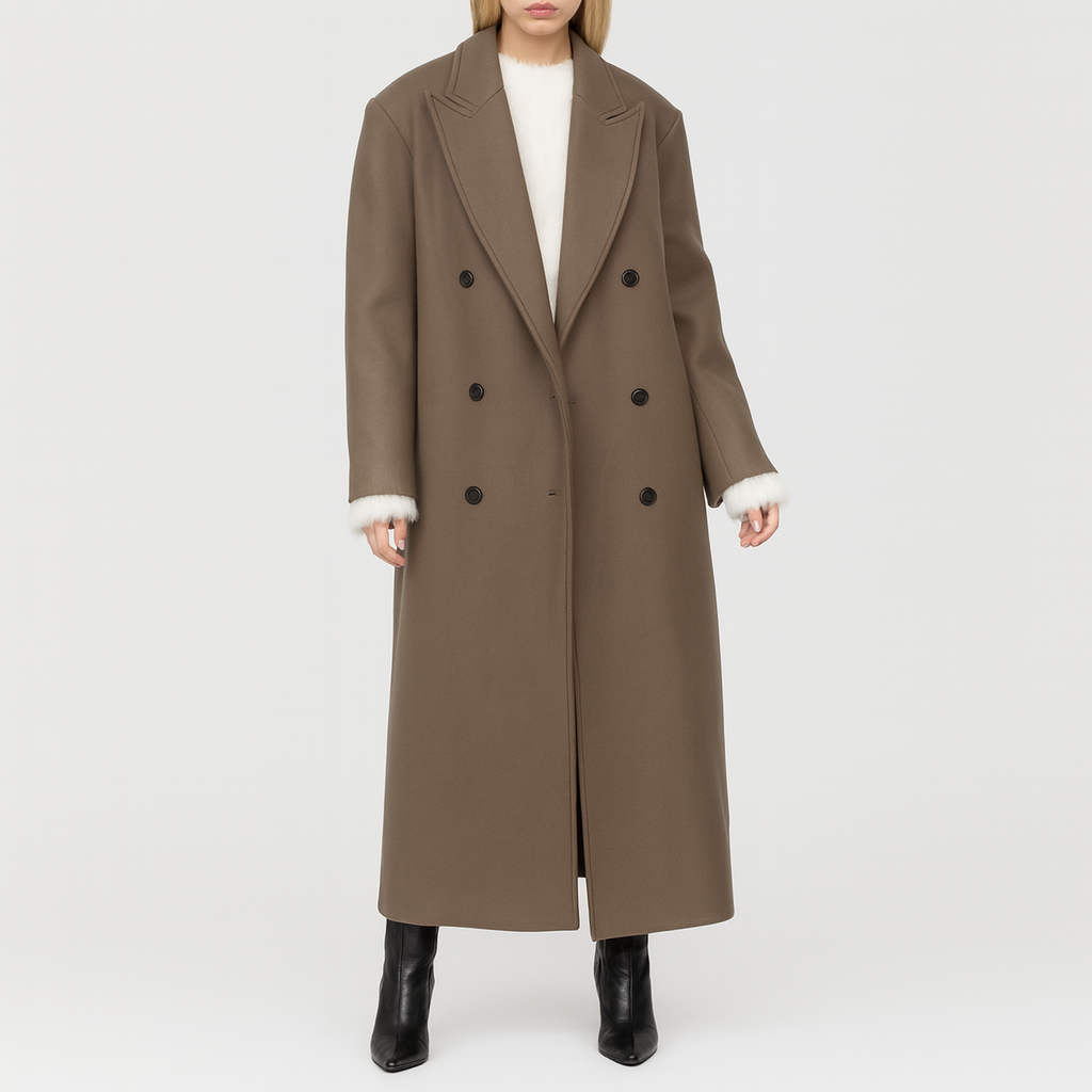 Abrigo largo de mezcla de lana con cuello estructurado y ajuste relajado, ideal para looks urbanos contemporáneos