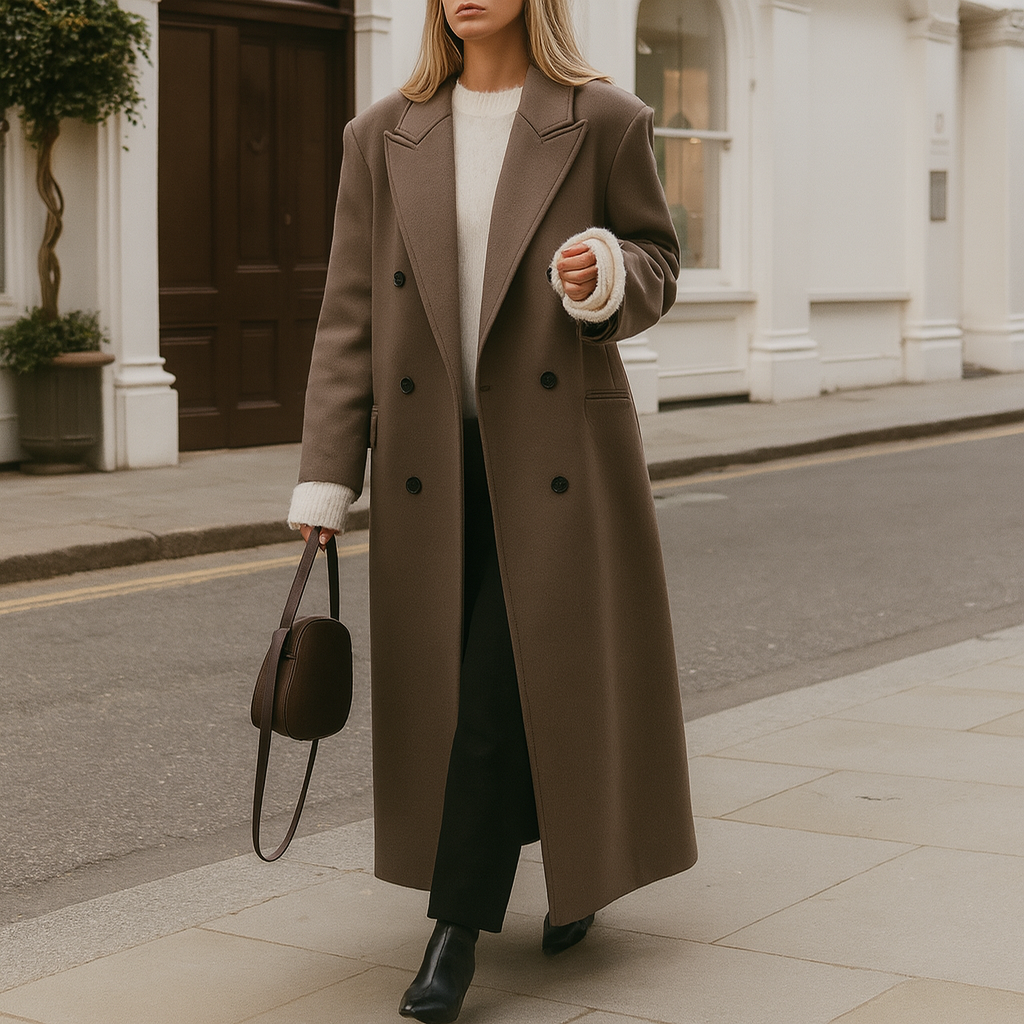 Abrigo largo de mezcla de lana con cuello estructurado y ajuste relajado, ideal para looks urbanos contemporáneos